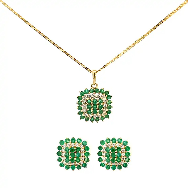 18K Yellow Gold Diamond Emerald Pendant Set